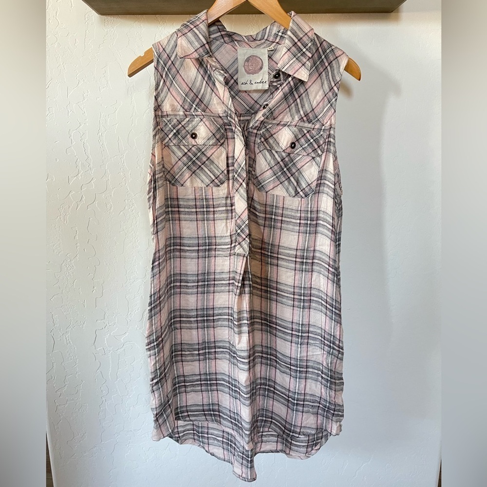 Anthro Ash & Ember Plaid Sleeveless Button Down Shirt Dress, pockets—size Med•••